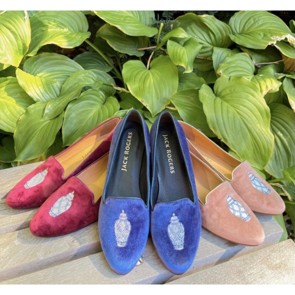 Jack Rogers Sz 9.5 Blue Velvet Ginger Jar Embroidered Shoe Slipper New in Box